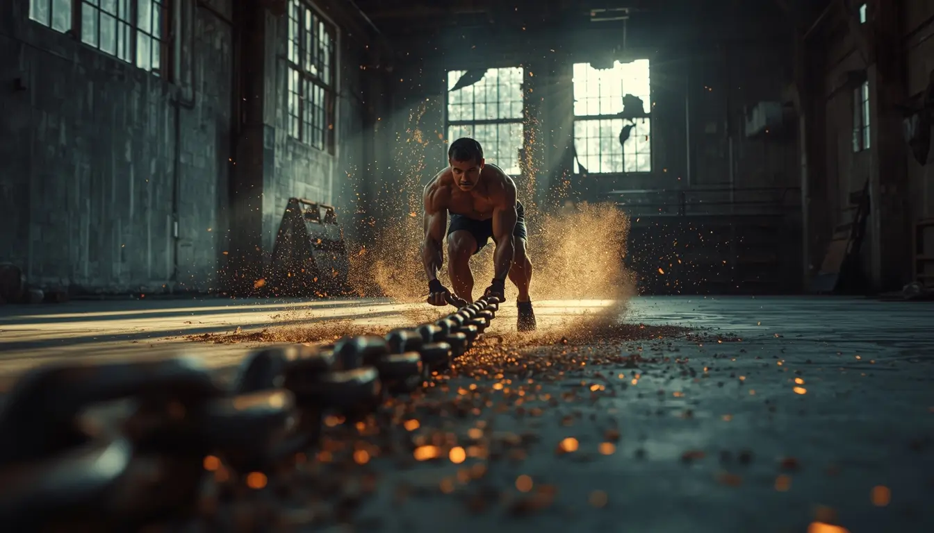 Strength training wallpaper showing athlete dragging heavy chains in cinematic industrial gym workout scene
