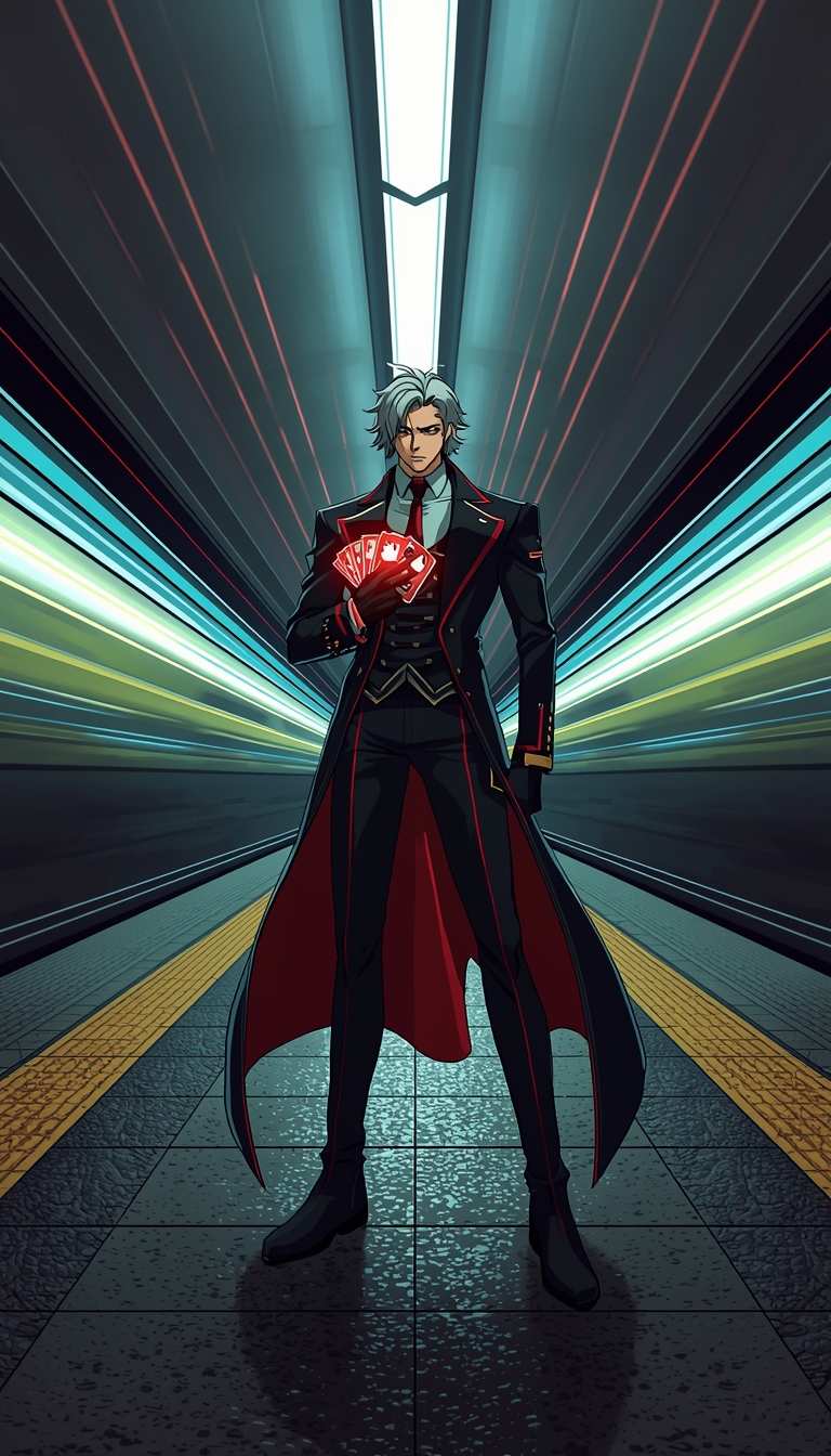 subway-gambit-wallpaper-4k-for-pc anime style Gambit standing in subway station holding glowing cards with fast moving light trails and cinematic background.