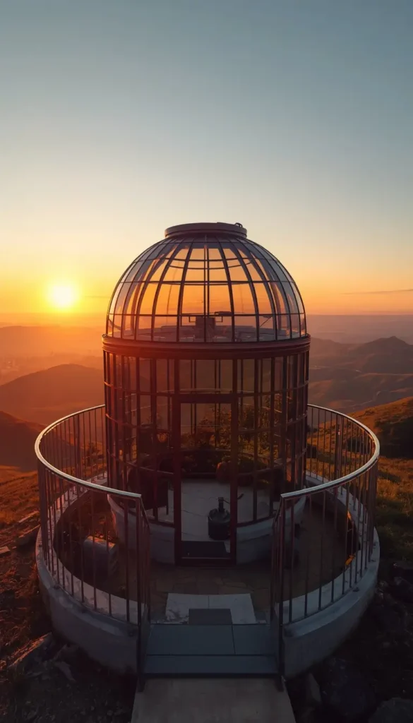 Glass dome observatory on a mountain at sunset, summer aesthetic wallpaper iPhone with warm golden sky