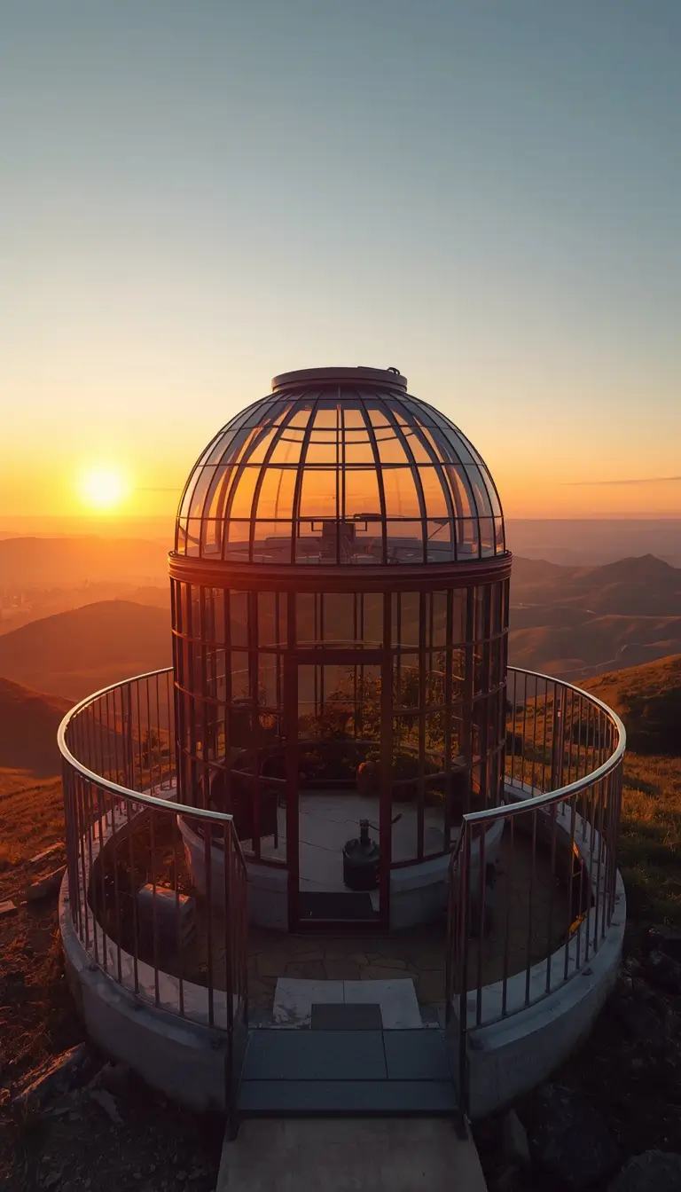 Glass dome observatory on a mountain at sunset, summer aesthetic wallpaper iPhone with warm golden sky