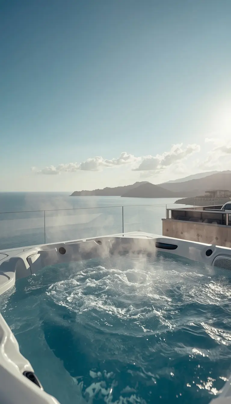 Luxury rooftop jacuzzi with ocean view and blue sky, summer aesthetic wallpaper iPhone background