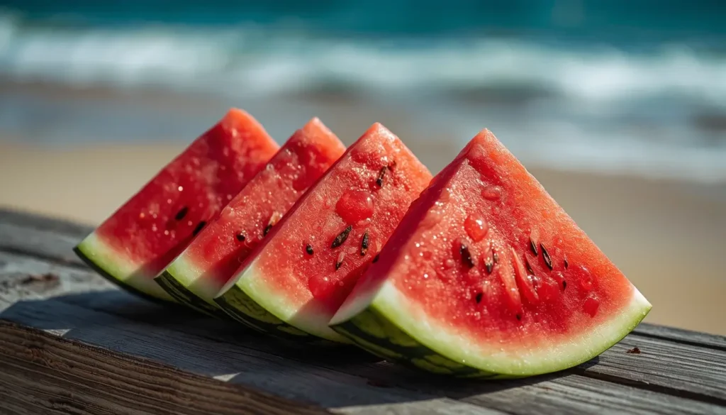 Add a refreshing vibe to your screen with this summer iphone wallpaper featuring juicy watermelon slices by the beach. The bright red fruit against the ocean backdrop creates a perfect aesthetic summer iphone wallpaper. Ideal for a vibrant 4K wallpaper or HD background that captures fun sunny day energy.