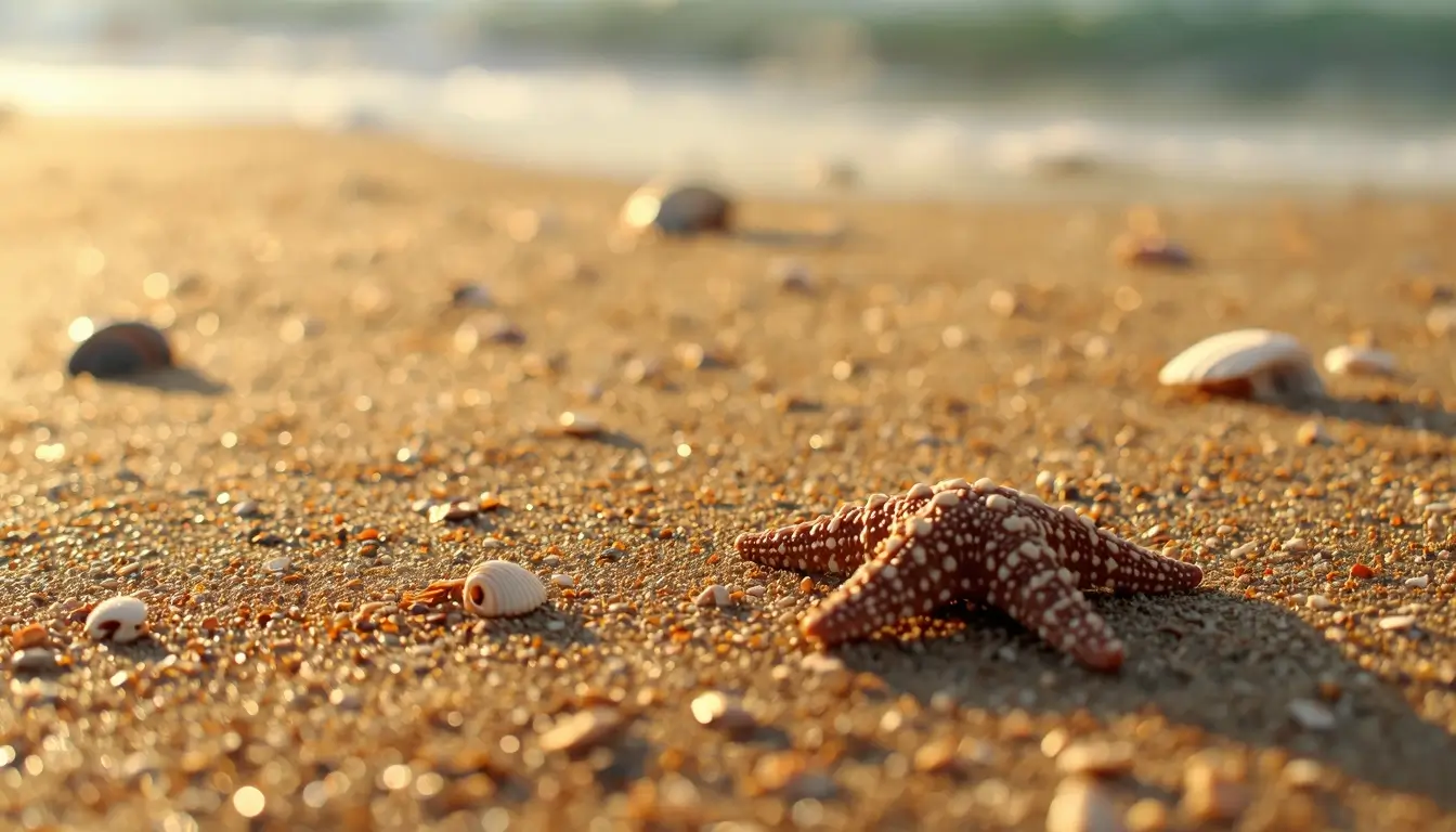 Starfish and seashells on sandy beach with warm sunlight summer iphone wallpaper