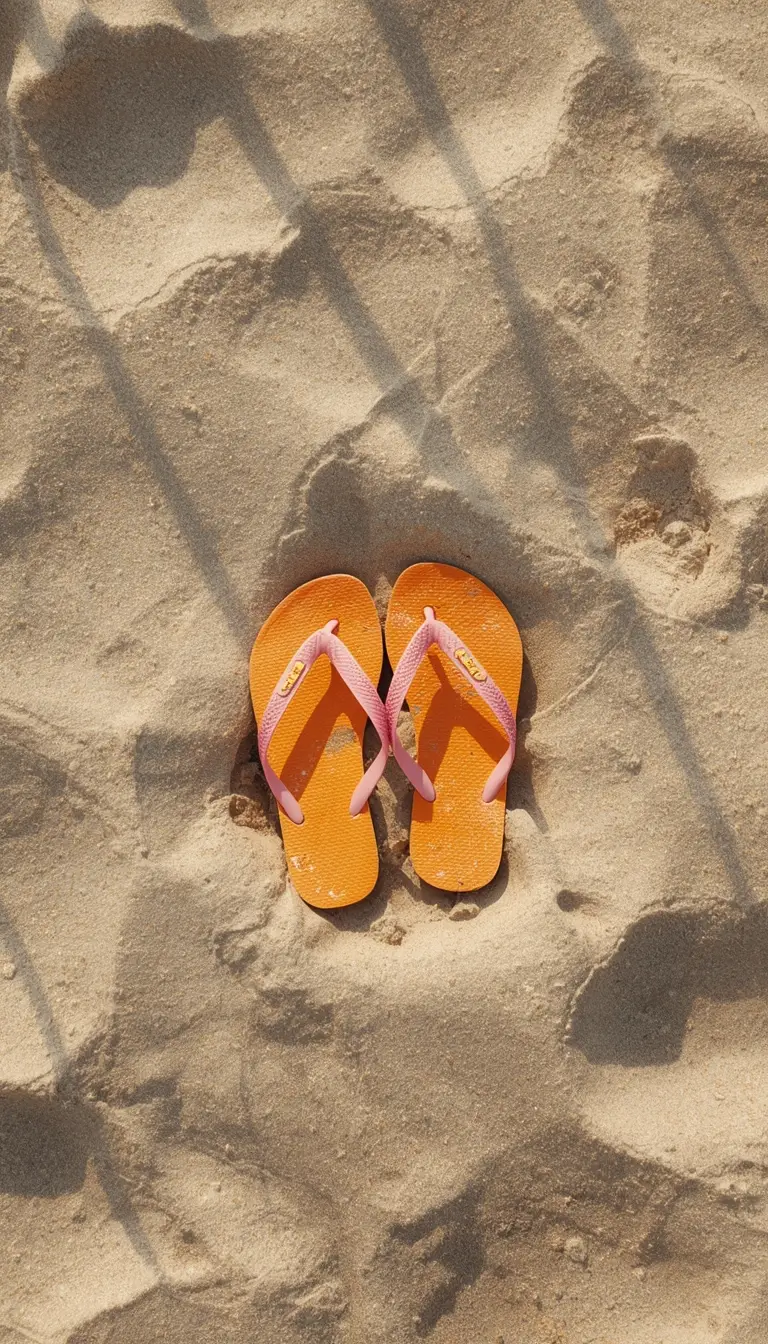 cute flip flops on sandy beach summer iphone wallpaper with soft shadows and warm tones