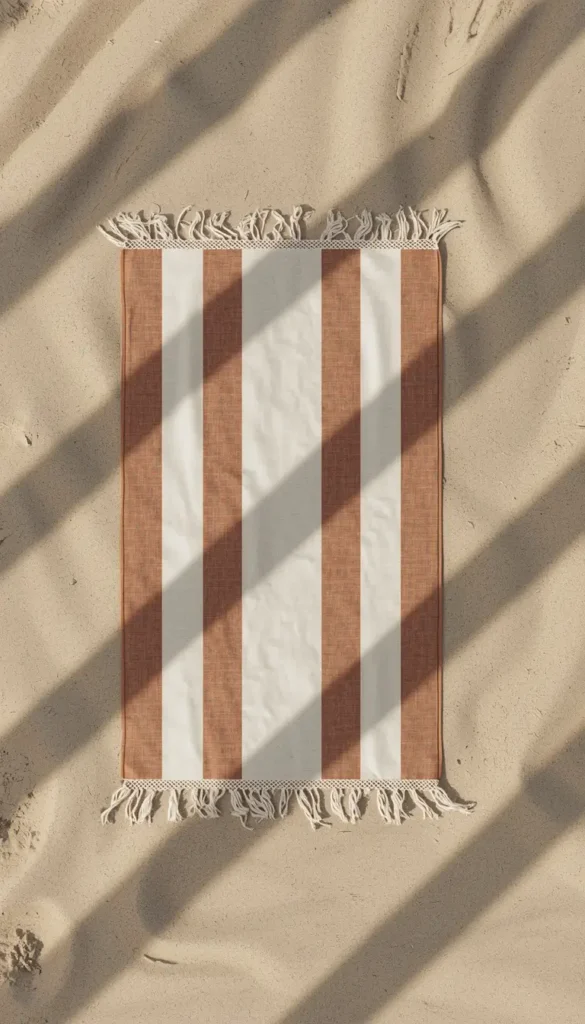 striped beach towel on sand with shadows summer iphone wallpaper aesthetic minimal look