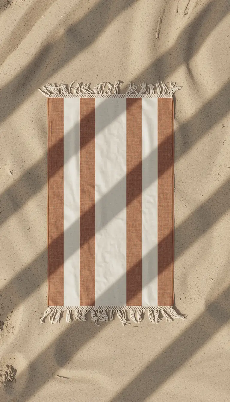 striped beach towel on sand with shadows summer iphone wallpaper aesthetic minimal look