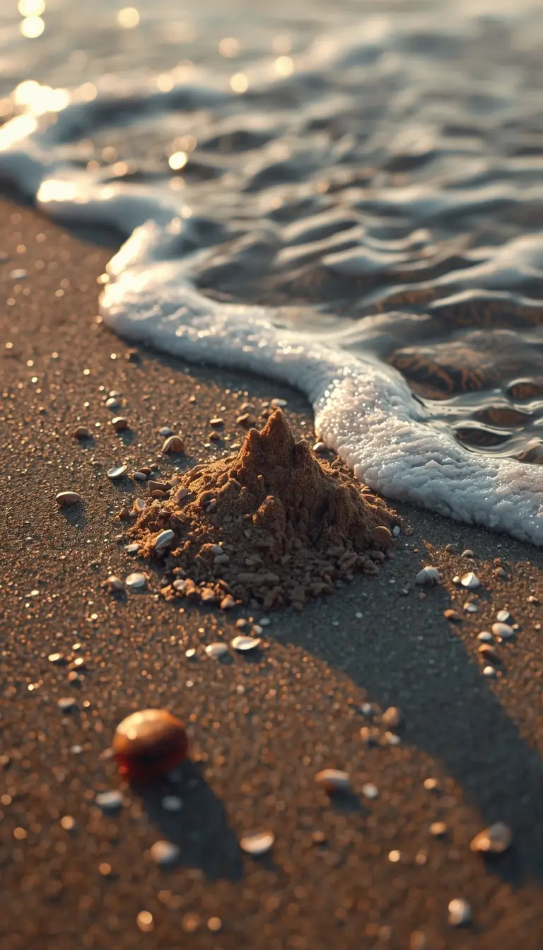 small sand mound near ocean waves golden hour summer iphone wallpaper warm beach aesthetic