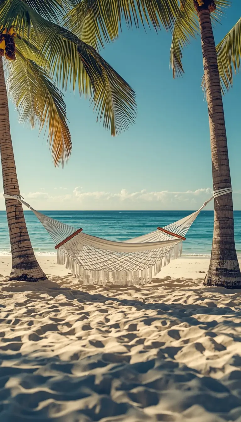 Hammock between palm trees on beach with ocean view summer iphone wallpaper