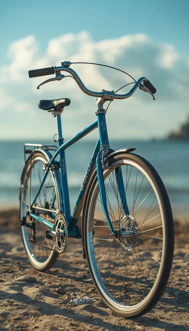 blue bicycle on beach with ocean background summer iphone wallpaper aesthetic travel vibe