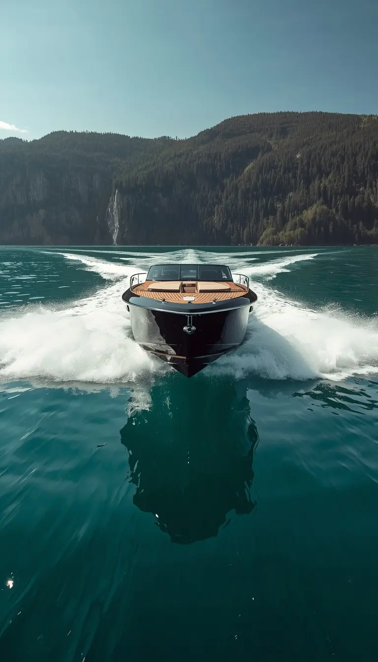 A luxury speedboat moving across clear blue lake water with mountain scenery creates a stunning summer iphone wallpaper.