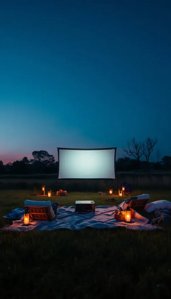 An outdoor movie night setup with lantern lights under the evening sky creates a cozy summer iphone wallpaper scene.