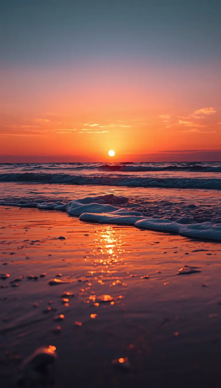A colorful sunset over ocean waves and sandy beach creates a peaceful summer iphone wallpaper aesthetic scene.