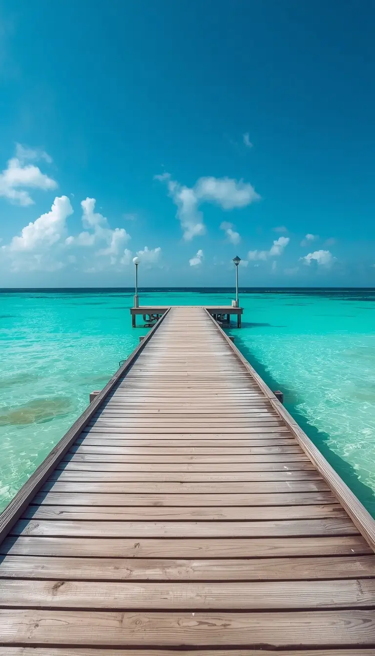 A wooden pier extending into clear turquoise ocean water creates a relaxing summer iphone wallpaper scene.