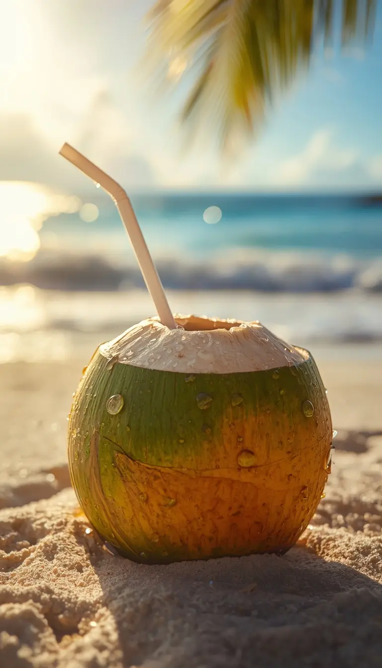 A fresh coconut drink on sandy beach with ocean waves creates a tropical summer iphone wallpaper aesthetic scene.