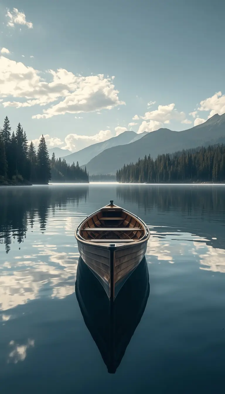 Wooden boat floating on a calm mountain lake with blue sky and forest, aesthetic summer iPhone wallpaper