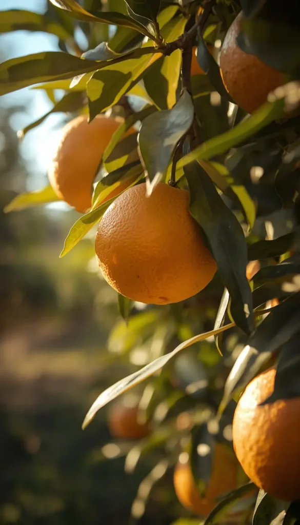 Ripe oranges hanging on a sunlit tree with green leaves, summer iPhone wallpaper nature aesthetic background