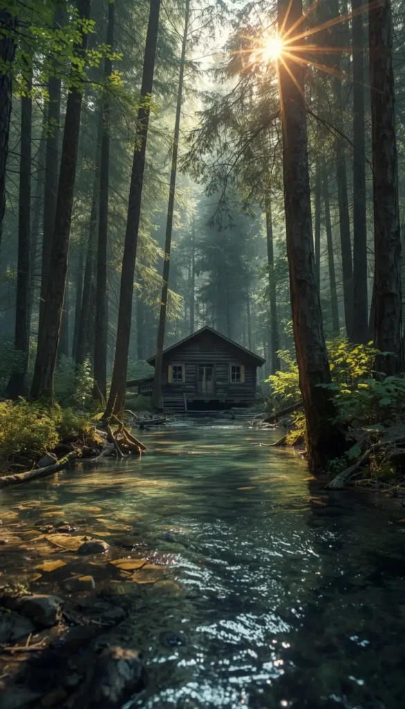 Hidden forest cabin beside a clear stream with sunlight through trees, summer wallpaper iPhone nature background