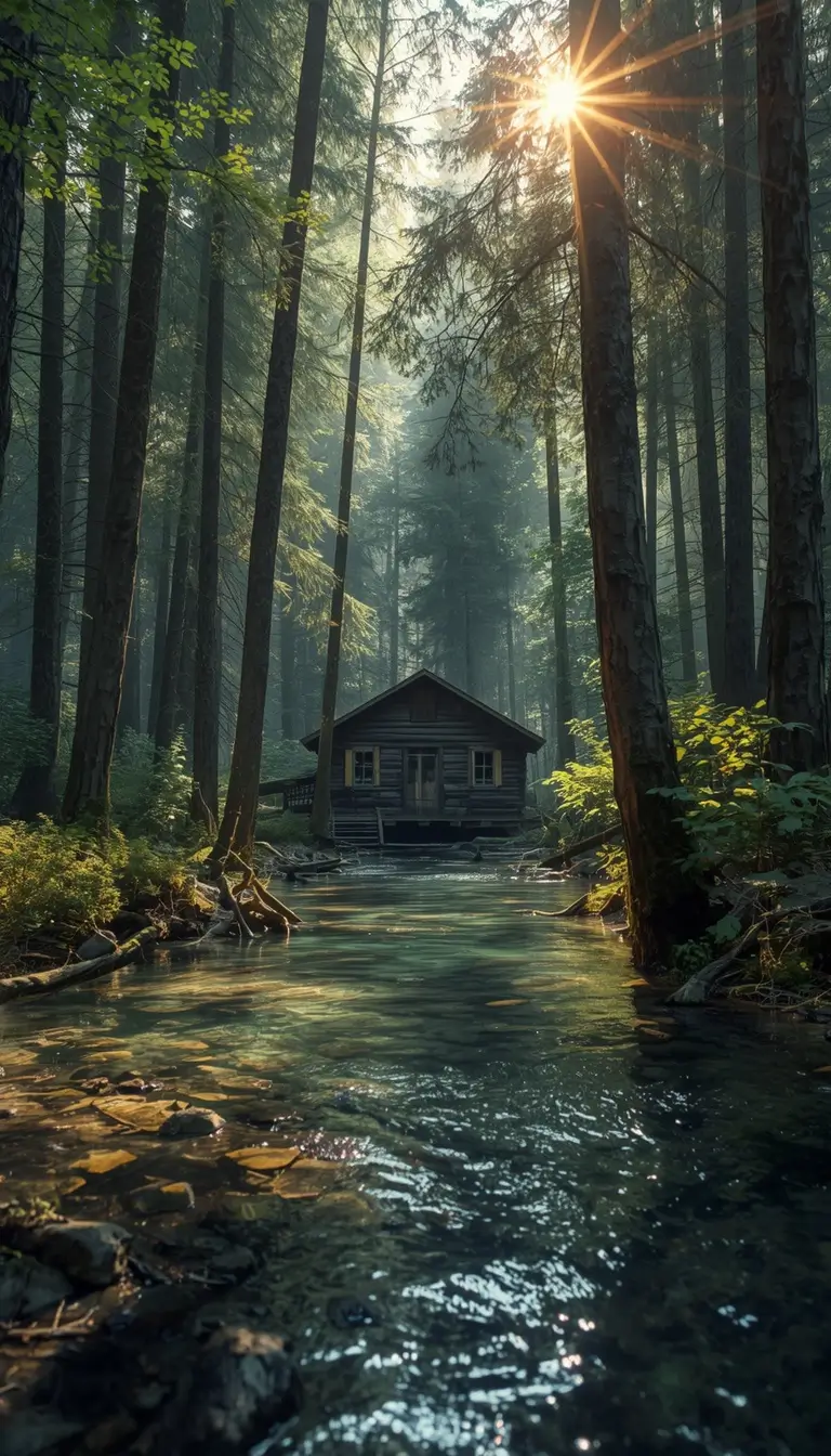 Hidden forest cabin beside a clear stream with sunlight through trees, summer wallpaper iPhone nature background