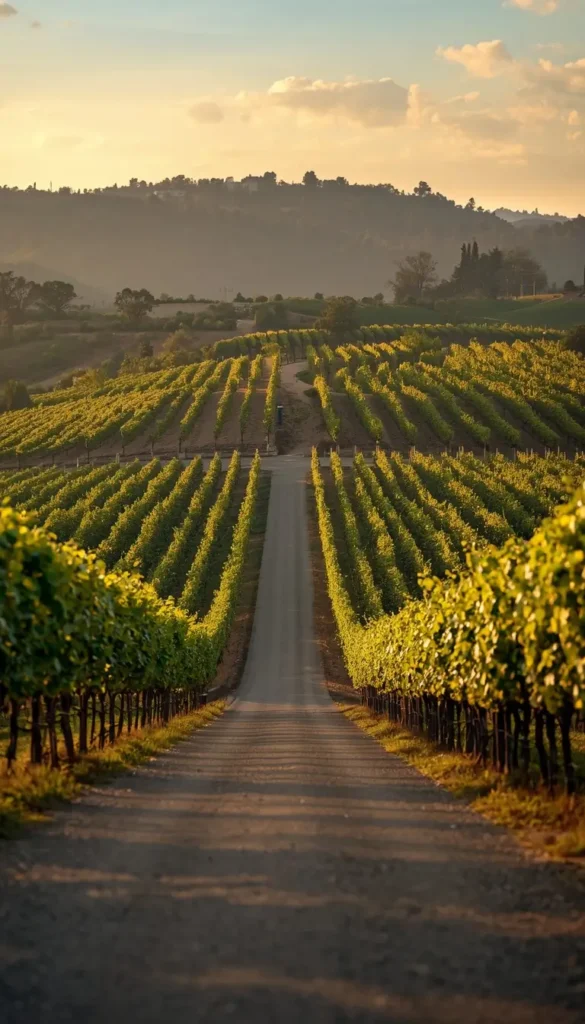 Golden vineyard road through green hills at sunset, summer wallpaper iPhone countryside aesthetic background