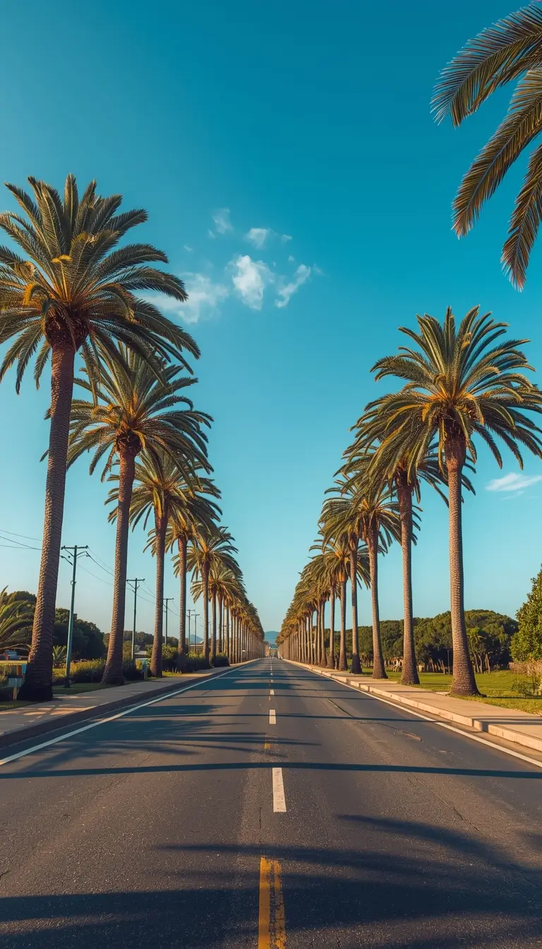 Palm tree lined road under blue sky summer wallpaper iphone