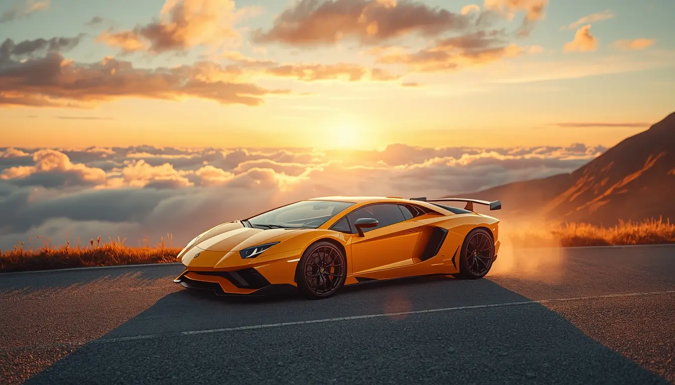 A yellow supercar parked on a mountain road at sunset above the clouds with warm golden light - wallpaper-of-cars-for-iphone