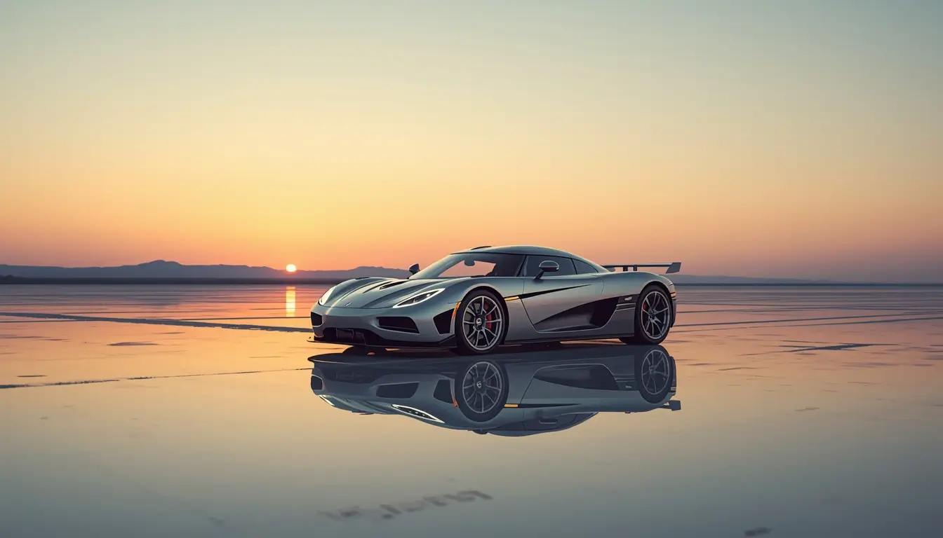 Silver hypercar reflection at sunset on flat surface - wallpaper-of-cars-for-iphone