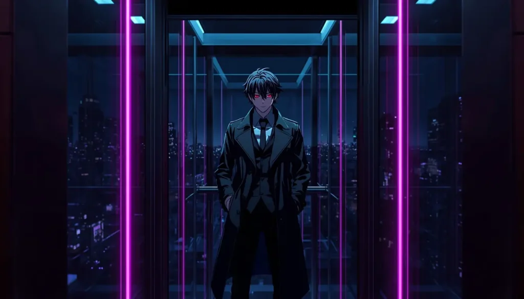 1080P Gambit wallpaper showing an anime-style Gambit inside a neon-lit glass elevator overlooking a futuristic city at night