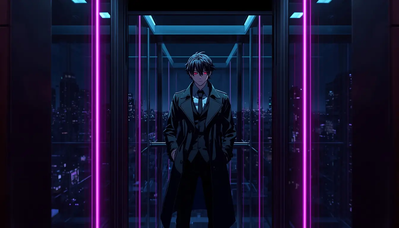 1080P Gambit wallpaper showing an anime-style Gambit inside a neon-lit glass elevator overlooking a futuristic city at night