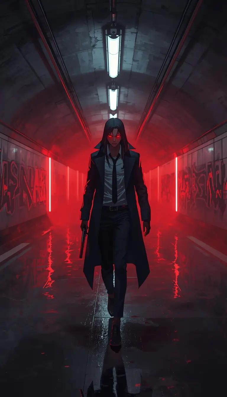 1080P Gambit wallpaper showing a dark anime-style Gambit walking through a neon red subway tunnel with glowing eyes