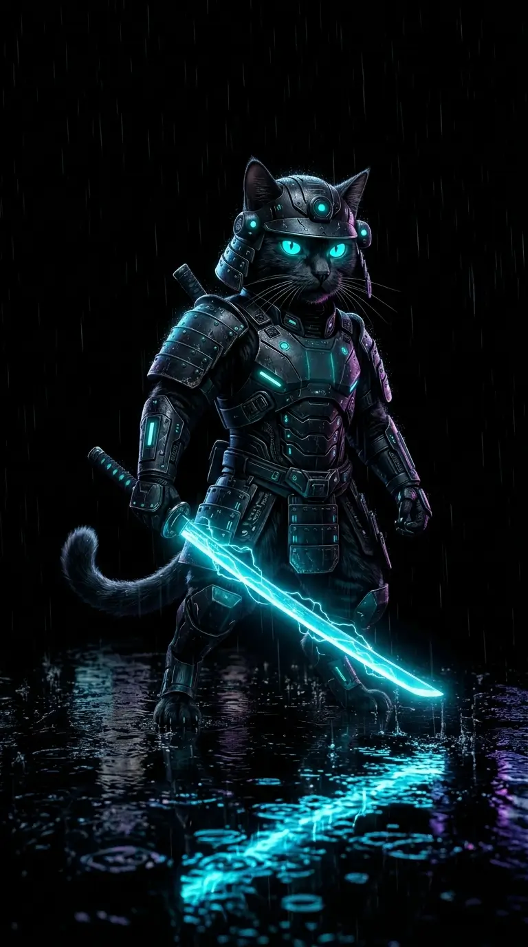 Cyberpunk black cat in samurai armor holding a glowing neon sword in rain on a dark AMOLED 4K background.