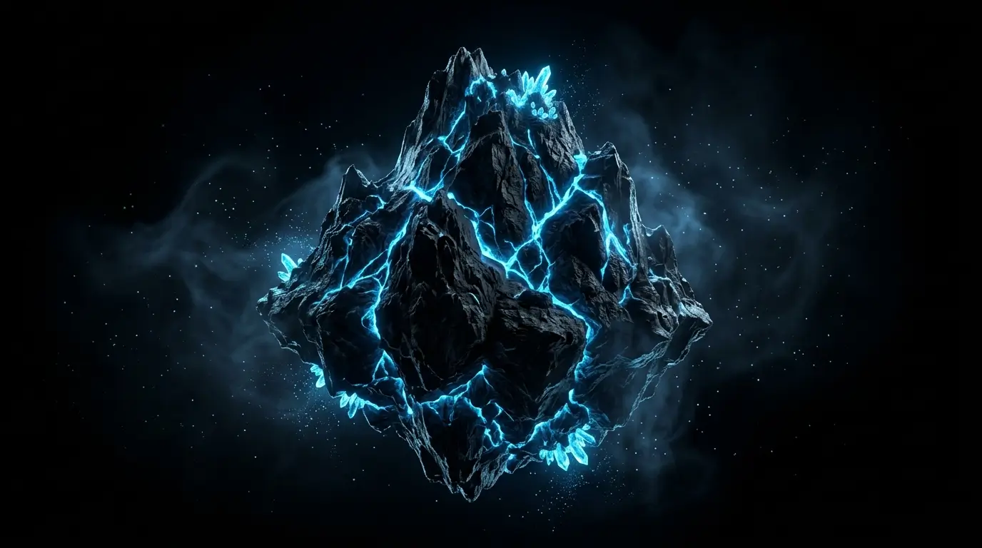 Floating black mountain with glowing blue crystal cracks on a dark AMOLED 4K fantasy background.