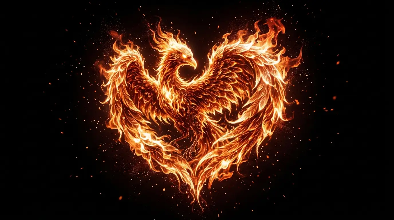 Fiery phoenix with glowing wings and flying embers on a dark AMOLED 4K fantasy wallpaper background.
