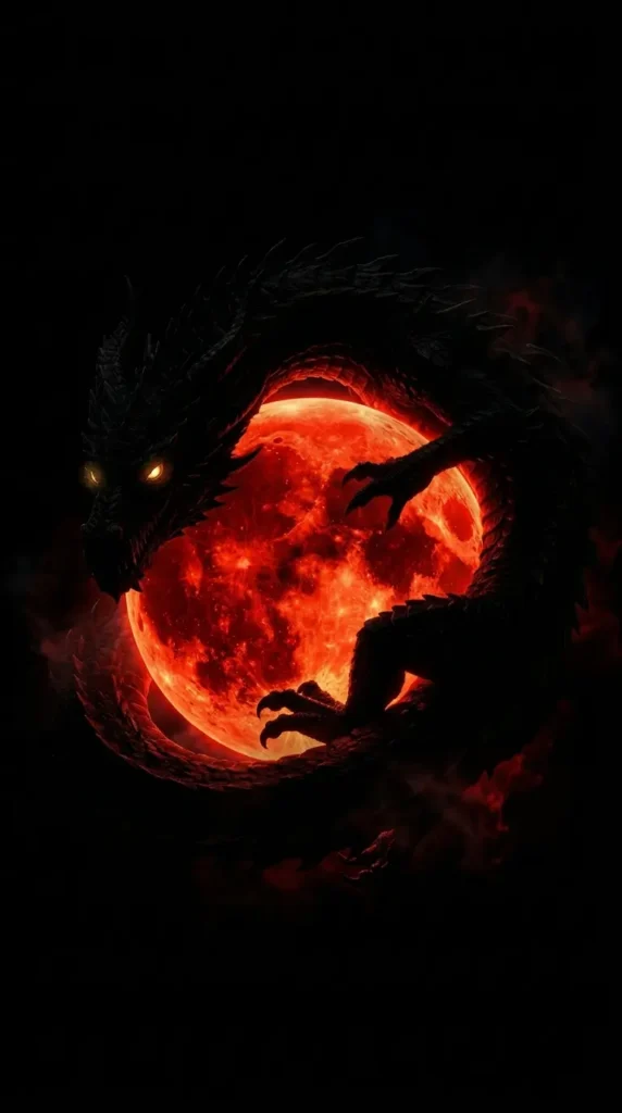 Black dragon with glowing eyes wrapped around a red moon on a dark AMOLED 4K fantasy background.