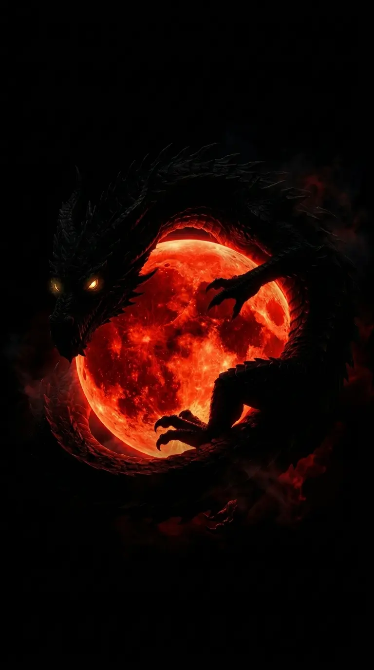 Black dragon with glowing eyes wrapped around a red moon on a dark AMOLED 4K fantasy background.
