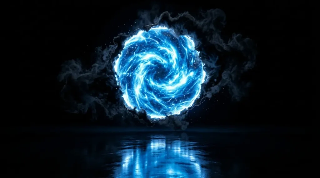 Glowing blue energy portal with smoke and reflections on a dark black AMOLED 4K background.