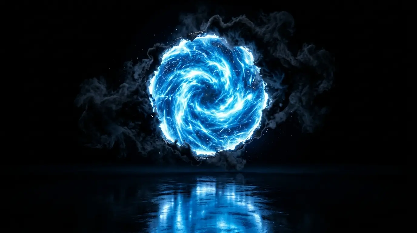 Glowing blue energy portal with smoke and reflections on a dark black AMOLED 4K background.