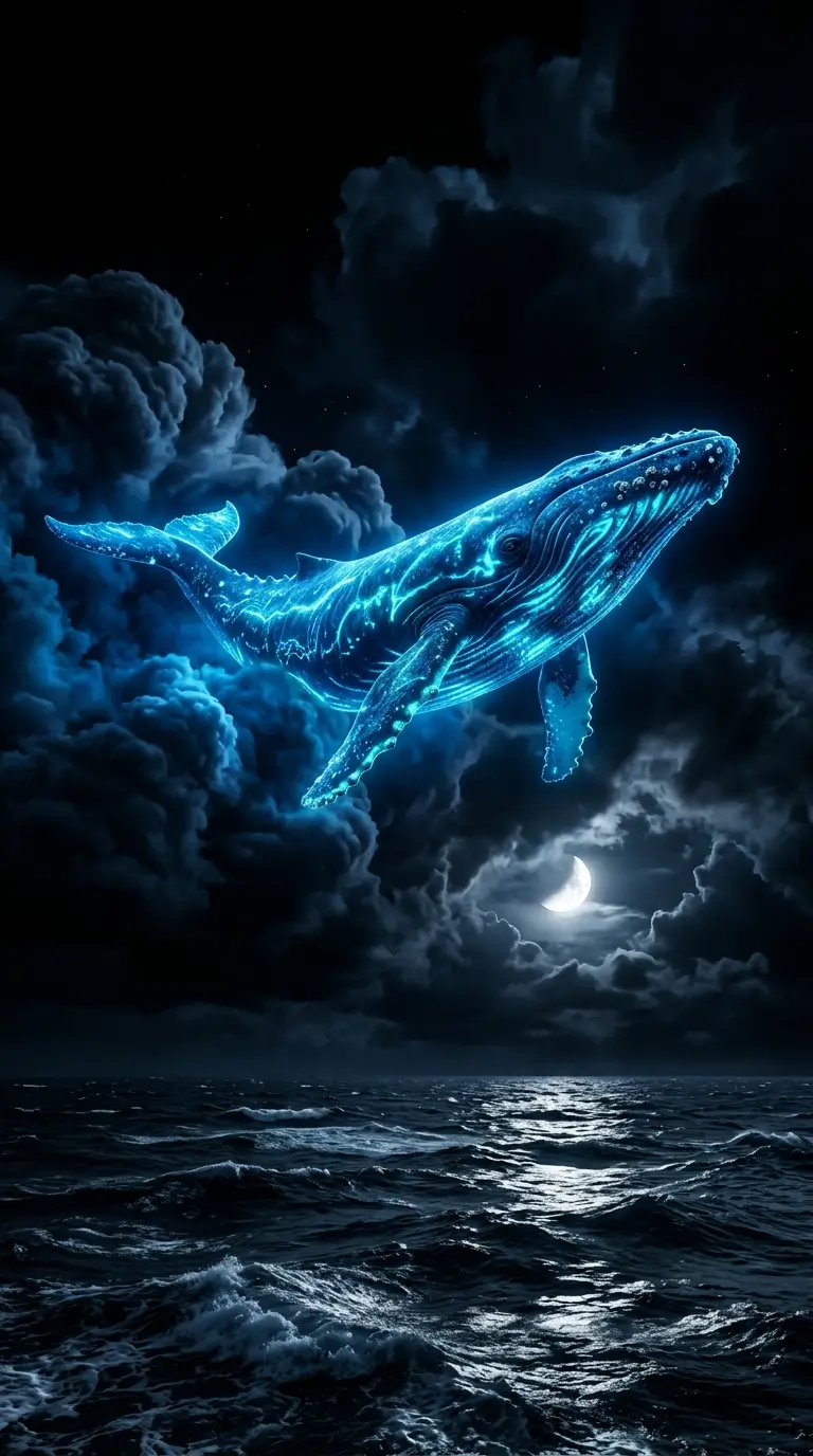 Glowing blue whale flying through dark clouds above a moonlit ocean in an AMOLED 4K fantasy wallpaper.