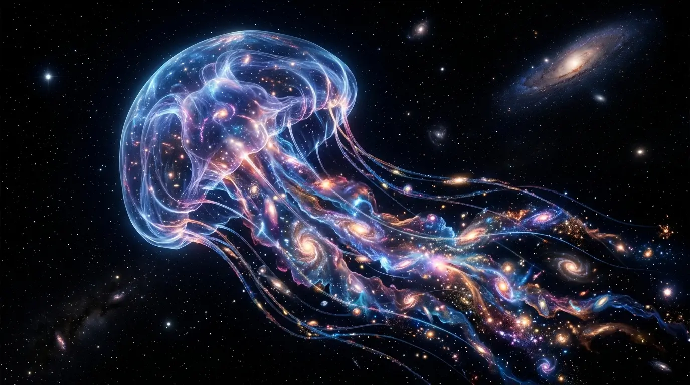Glowing cosmic jellyfish with galaxies and nebula colors floating through deep space on a black AMOLED 4K background.
