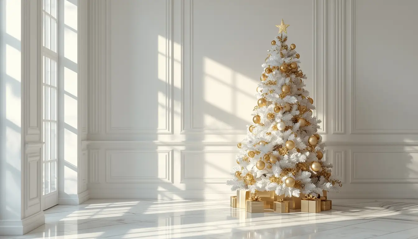 beautiful-christmas-pictures of elegant white Christmas tree with gold decorations in a modern room