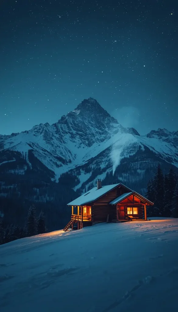 beautiful-christmas-wallpaper with snowy mountain cabin under a starry winter night sky