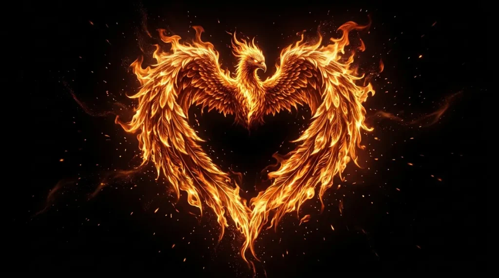 Flaming phoenix with glowing wings and fiery feathers on a black AMOLED 4K fantasy background.