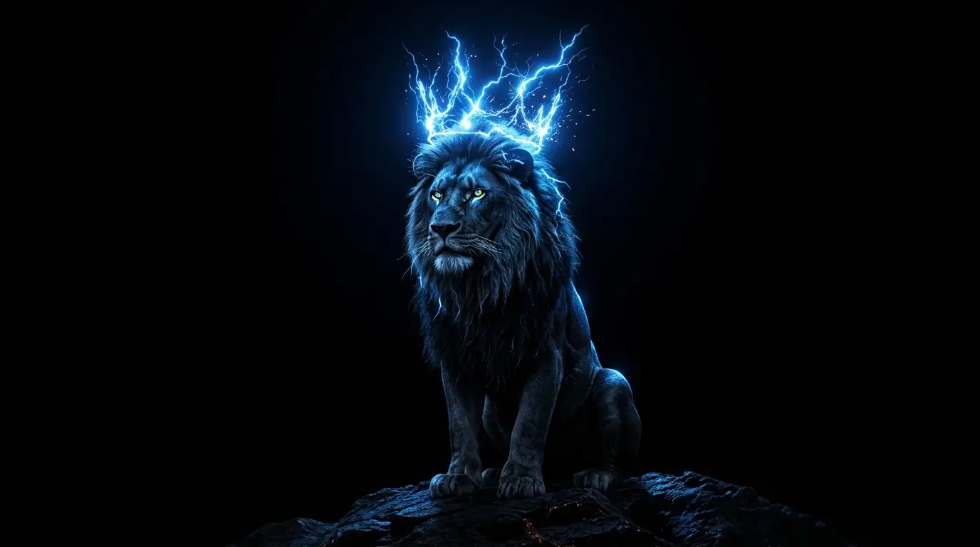 Black lion with glowing blue lightning crown on a dark AMOLED 4K fantasy wallpaper background.