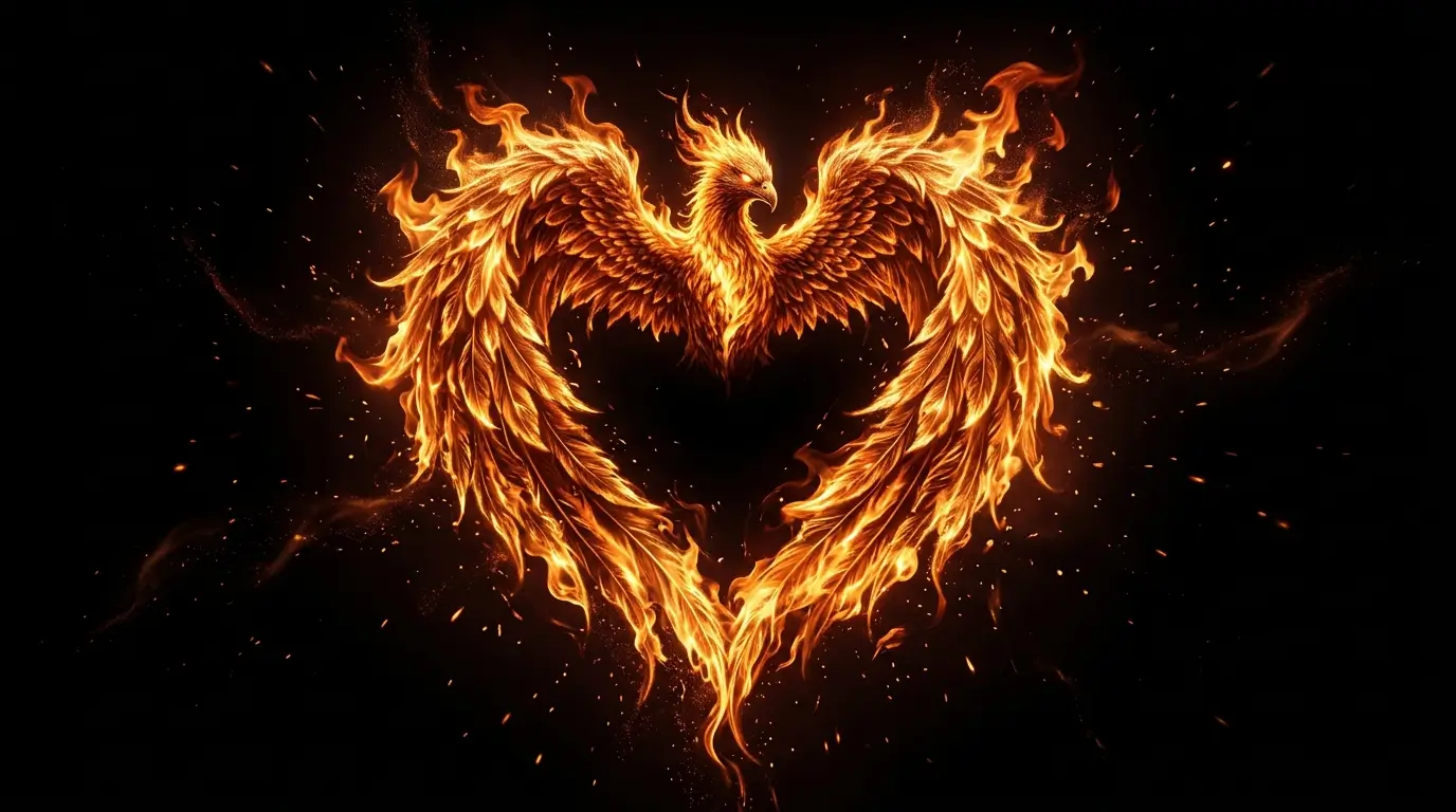 Flaming phoenix with glowing wings and fiery feathers on a black AMOLED 4K fantasy background.