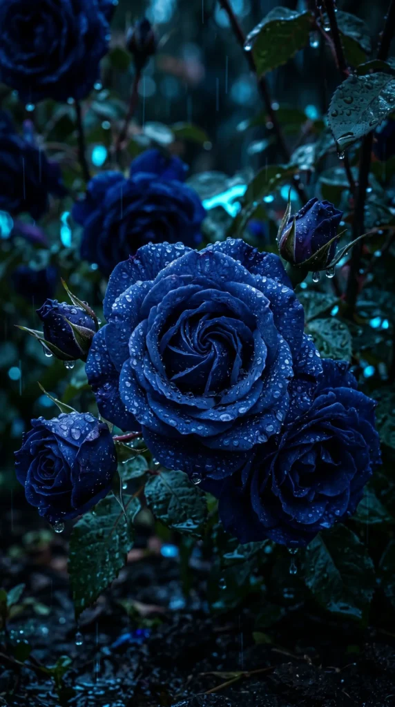 Dark blue roses with rain droplets in a moody nighttime garden illuminated by cinematic blue lighting.