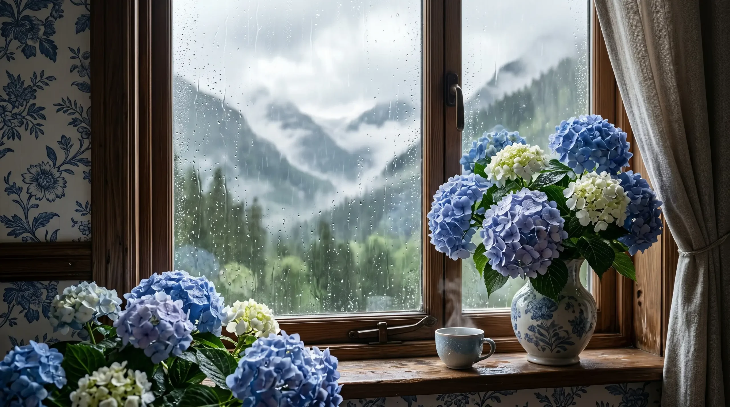 Blue hydrangea flower arrangement by a rainy mountain window with misty forest scenery in a cozy aesthetic interior.