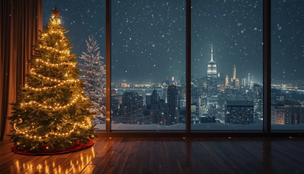 christmas-background-iphone with glowing Christmas tree and snowy city skyline view at night