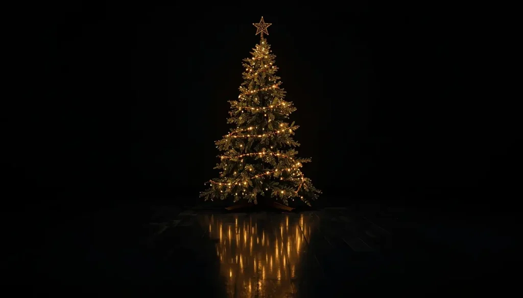 christmas-background-tree with glowing Christmas lights in a dark minimalist room aesthetic