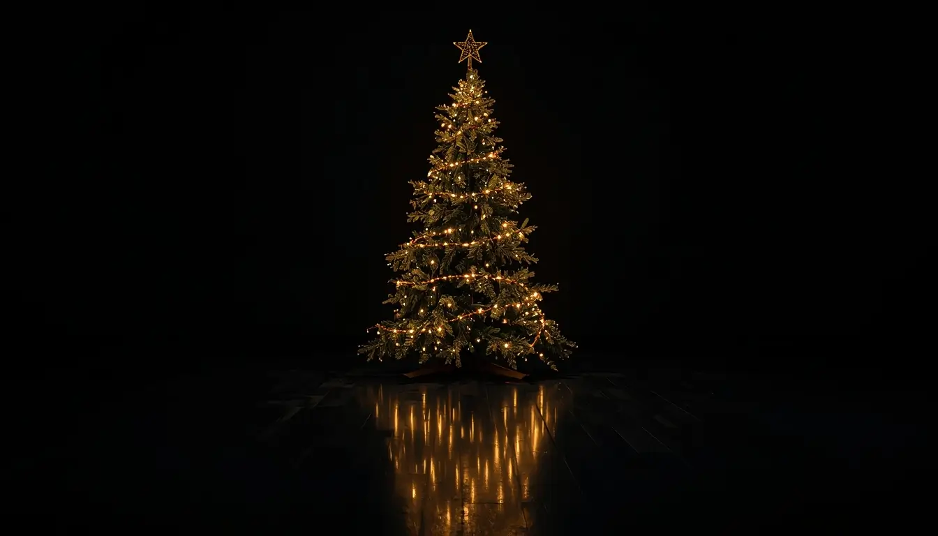 christmas-background-tree with glowing Christmas lights in a dark minimalist room aesthetic