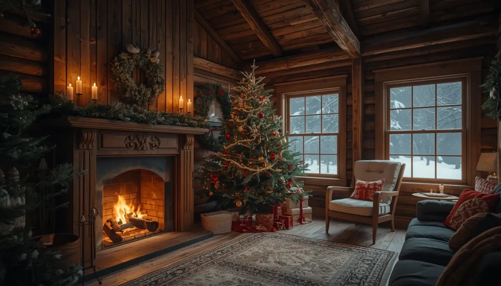 christmas-celebration-pictures of cozy cabin with fireplace and decorated Christmas tree on a snowy winter night
