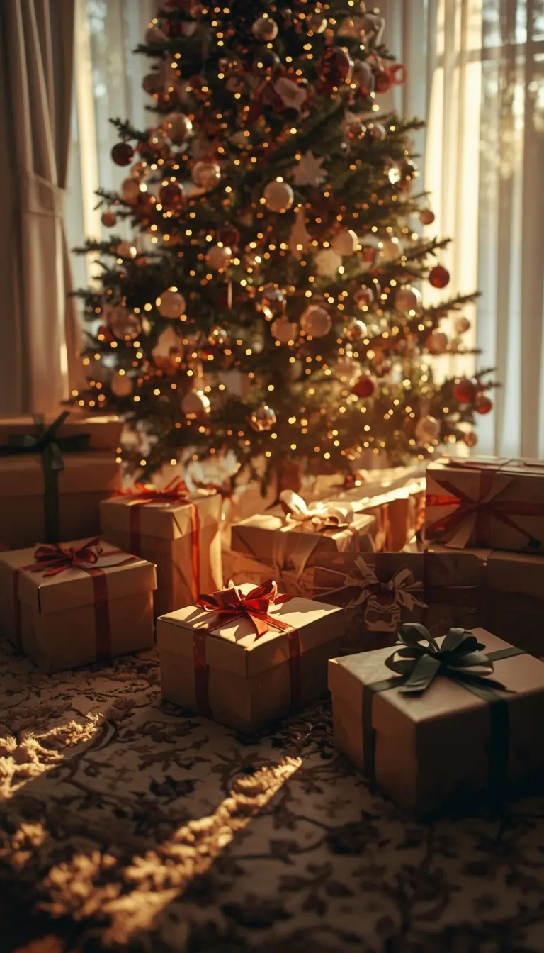 christmas-day-pic with wrapped gifts under a glowing Christmas tree in a cozy festive room
